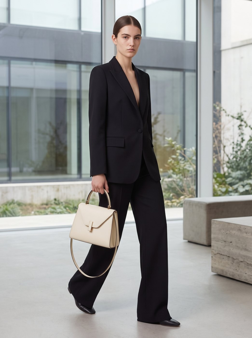 The same bag carried by a model in an architectural setting
